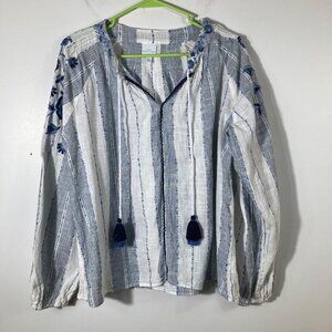 Womens New Directions Embroidered Boho‎ V Neck Peasant Blouse Blue White XL